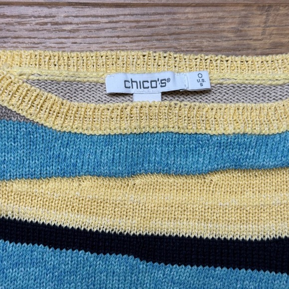 Chico's Striped Pullover Sweater 0 Small Aquatic Teal Bell Sleeve Yellow Black - Picture 4 of 6